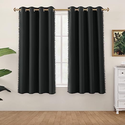 Image of Amazon Brand - Umi Velvet Eyelet Door Curtains with pom pom Lace for Living Room Bedroom Kitchen 1 pc Pack in Black Color (Windows - 4 feet x 4 feet)