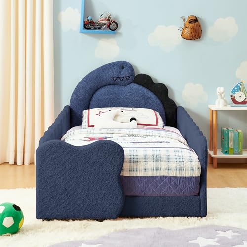 KEIKI Twin Size Upholstered Platform Bed Frame with Cute Dinosaur-Shaped Headboard for Boys and Girls Boucle Bed with Thickened Guardrail and Slats No Box Spring Required Easy Assembly Navy