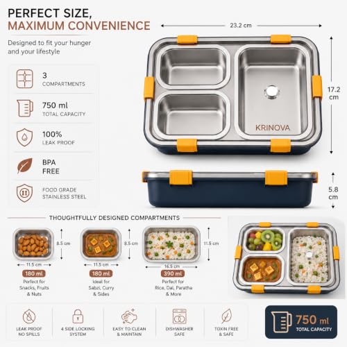 Image of 3 Compartment Stainless Steel Lunch Box with Spoon & Fork | Leak Proof Bento Tiffin Box for Kids & Adults | Food Grade Container for Office, School, College & Traveler