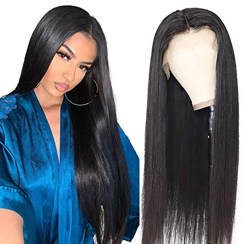 Lace Front Wig Human Hair with Baby Hair Deep Middle Part Lace Wig 150% Density Human Hair Wigs for Women Natural Hairline Black Color(22inch, natual)