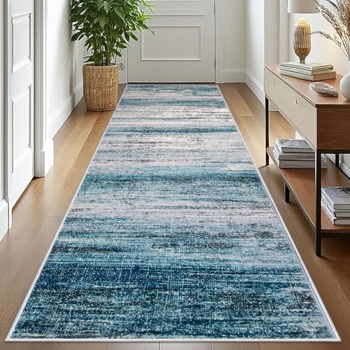 KOZYFLY Runner Rug 3x10 Modern Ombre Runners for Hallways, Washable Rugs for Bedroom Non-Slip Soft Stain Resistant Striped, Print Distressed Blue Abstract Carpet for Living/Laundry/Kid Room