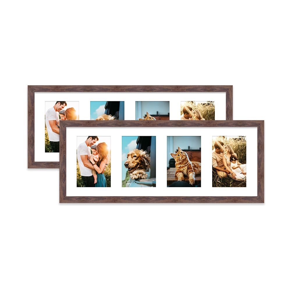 Walnut Multi Photo Frame - Holds 4 x 6x4 Pictures, Family Collage Picture Frame for Wall Display, 8x22 Panoramic Frame Size, Set of 2