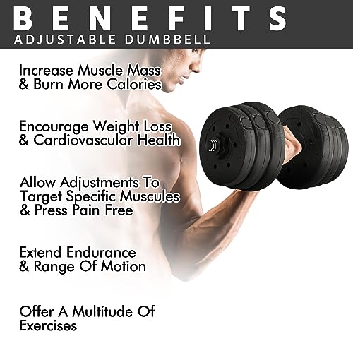 Image of Yaheetech Adjustable Dumbbell Set Free Weights with Spinlock Collars, Black | Concrete-filled plastic plates, iron bar, non-slip grip; strong durability, easy weight adjustments for home gym beginners