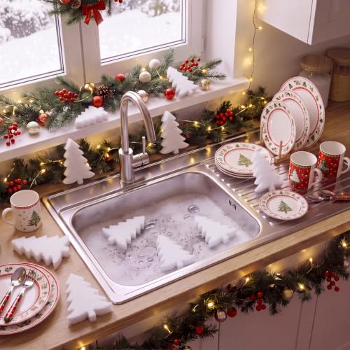 Image of Tioncy 12 Pack Christmas Tree Kitchen Sponges Bulk Cute White Tree Dual Sided Scrubber Sponges Dishwashing Kitchen Cleaning Accessories for Home Decor Household Supplies