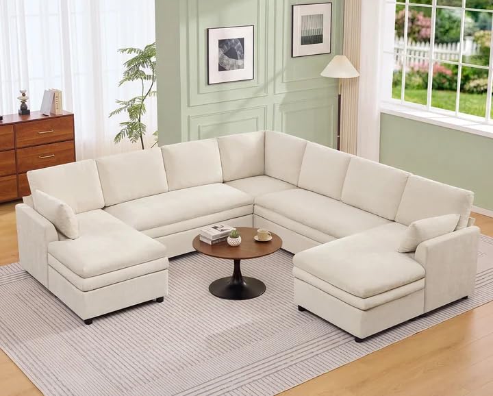Image of 110 inch Sectional Couches with Double Chaises, Comfy Deep Dual-Layer Cushion Couch, 9 Seater Oversize Couch, Modern Modular Sofa, Chenille Sofas for Living Room, Apartment, Beige