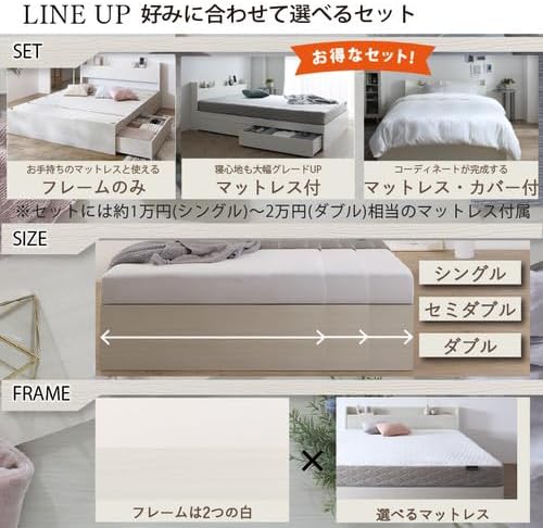 棚・コンセント付 天然木調引き出し収納ベッド 【KASANE】ホワイト ベッドフレームのみ レギュラー丈 セミ 【調】