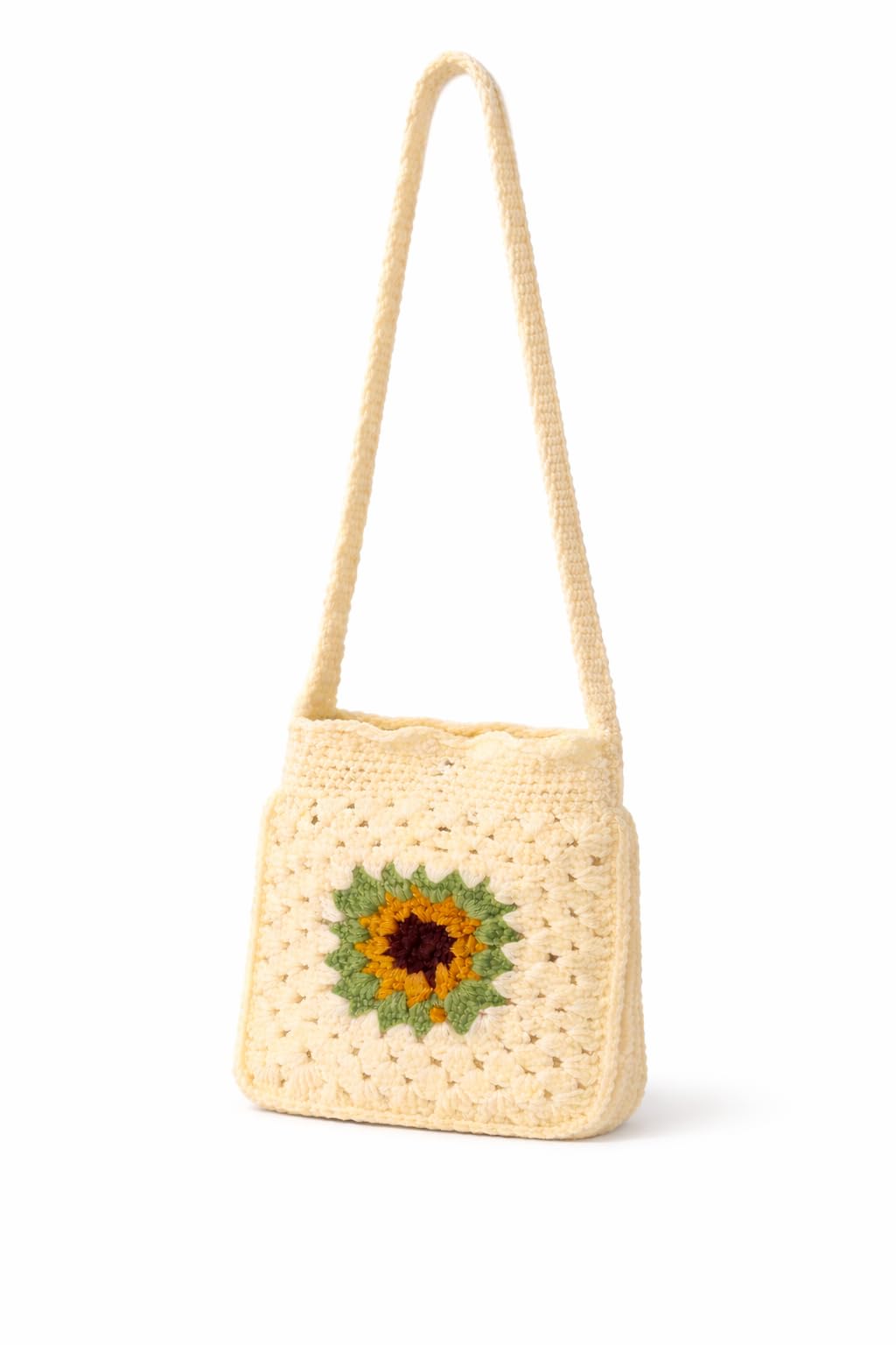 Handmade Crochet Sunflower Crossbody Bag, Lightweight Sling Handbag with Braided Strap, Beige Granny Square Design for Women-image-41