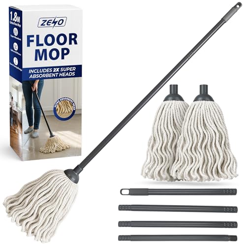 ZENO Cotton Floor Mop 150CM | Mop with 2 Ultra Absorbent Heads & Metal Pole Handle | Mops for Cleaning Floors, Kitchen, Office, Bedroom | Easy Twist & Lock Assembly | Ultra Absorbent Cotton Head