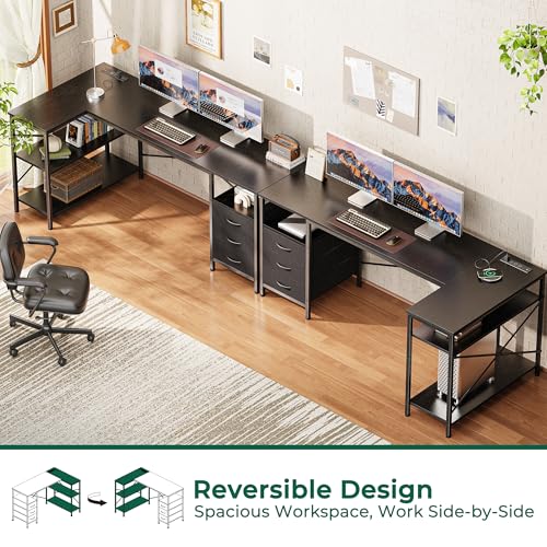 Huuger L Shaped Desk with Power Outlets, 63 Inch Reversible Computer Desk with 3 Drawers and Shelves, Home Office Table for Corner Work Study Writing Gaming, Black