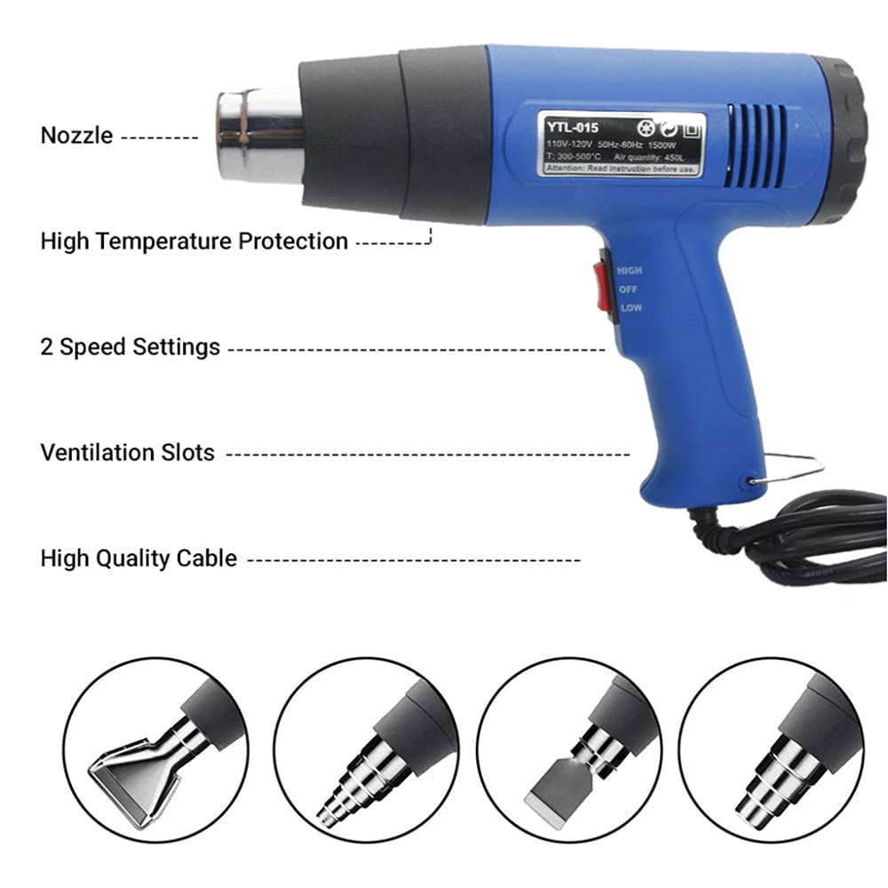 Pistolet à Air Chaud 1500W, Pistolet Thermique avec 4 Buses, avec 2 Contrôles de Température, Noyau Chauffant en Mica, Pistolet à air chaud capable de PVC rétractable, Dégommage, Dessouder