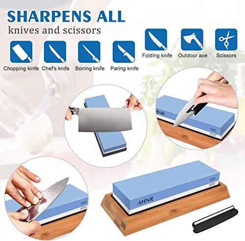 Whetstone Knife Sharpening Stone Dual Sided 1000/6000 Grit Waterstone, AHNR Premium Kitchen Knife Sharpener Whetstone Kit with NonSlip Bamboo Base & Angle Guide for Kitchen/Pocket Knives/Blades - Thumbnail 5