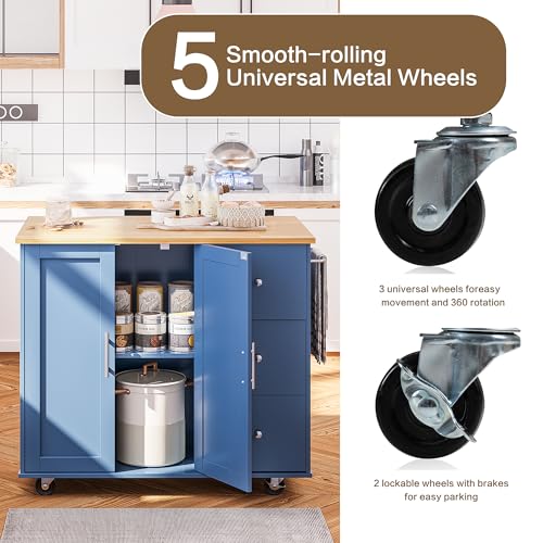 Image of SUNLEI Kitchen Island on Wheels with Storage Cabinet & Foldable Drop Leaf, Rolling Kitchen Table, Cart Handle for Towel Rack, Drop Leaf, Portable Islands for Kitchen (Classic Blue, 39.7-INCH)