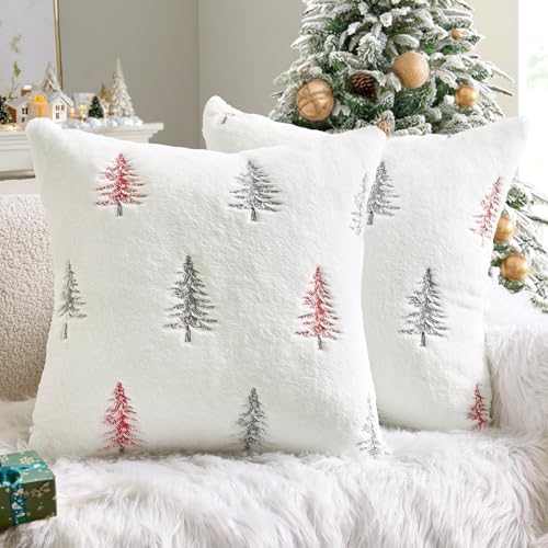 Image of MIULEE Christmas Decorative Faux Fur Pillow Covers 18x18 Inch White Red | Set of 2, Embroidered Christmas Tree Throw Pillows, Winter Couch Covers, Festive Home Decor for Sofa Bedroom Living Room