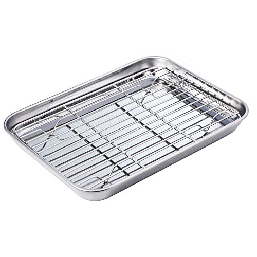 WEZVIX Stainless Steel Baking Sheet with Rack Set Tray Cookie Sheet & Oven Pan 9 x 7 x 1 inch, Non Toxic & Healthy, Rust Free & Less Stick, Thick & Sturdy, Easy Clean & Dishwasher Safe WEZVIX Stainless Steel Baking Sheet with Rack Set Tray Cookie Sheet & Oven Pan 9 x 7 x 1 inch, Non Toxic & Healthy, Rust Free & Less Stick, Thick & Sturdy, Easy Clean & Dishwasher Safe