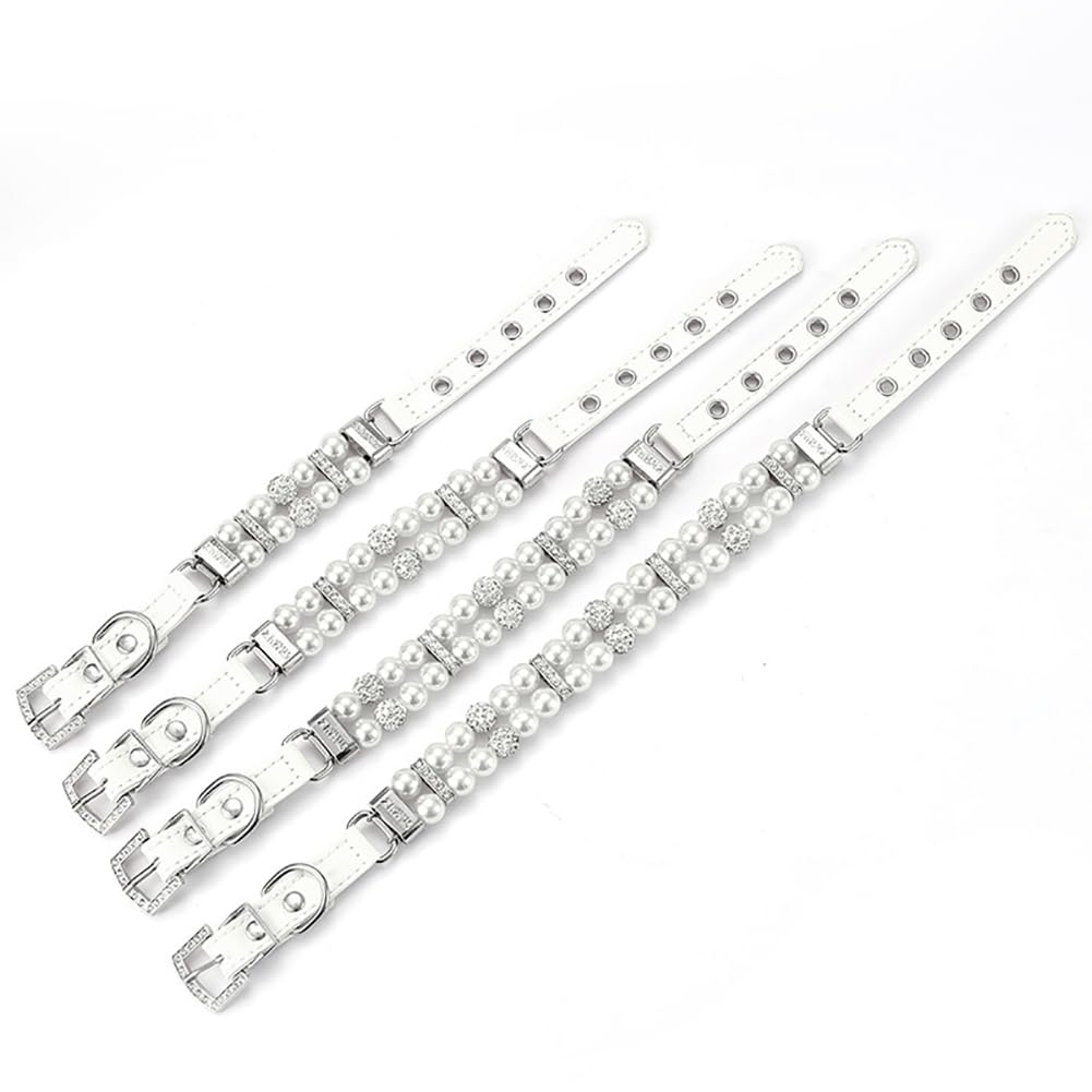 FSSTUD Small Pearl Dog Collar Cute PU Leather Pet Collar Crystal Pearl Cat Collar Bling Rhinestone Dog Necklace Elegant Beaded Kitten Collar Diamond Puppy Collar for Party White 1.5 x 27cm - Image 2
