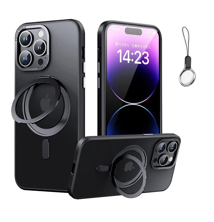 iPhone 11Pro 用 ケース Magsafe対応【360°回転可能な Magsafeリングスタンド ホルダー 一体型・ストラップ1種付き】アイフォン11Proカバー スタンド機能 縦横両対応 HILEGENER スマホケース 耐衝撃 カメラレンズ保護 あいほん11Pro 半透明 マット感 マグネット搭載 隠しスタンド ケース ストラップホール付き-ブラック