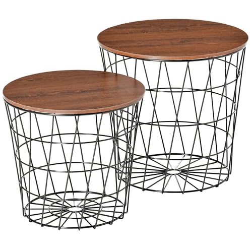 HOMCOM End Tables Set of 2, Nesting Tables with Storage, Round Accent Side Tables with Removable Top for Living Room, Black/Brown