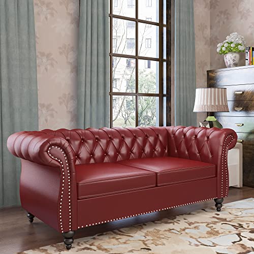 Image of ORRD Chesterfield Loveseat, Modern Leather Sofa Tufted Couch 2 Seater with Rolled Arms and Nailhead for Living Room, Bedroom, Office, Apartment (Burgundy)