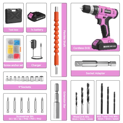 Image of FADAKWALT Cordless Drill Set, 20V Electric Power Drill With Battery And Charger, 30N Torque, 21+1 Settings, 3 /8-Inch Keyless Chuck, Driver Bits Kit, LED Light (Pink)