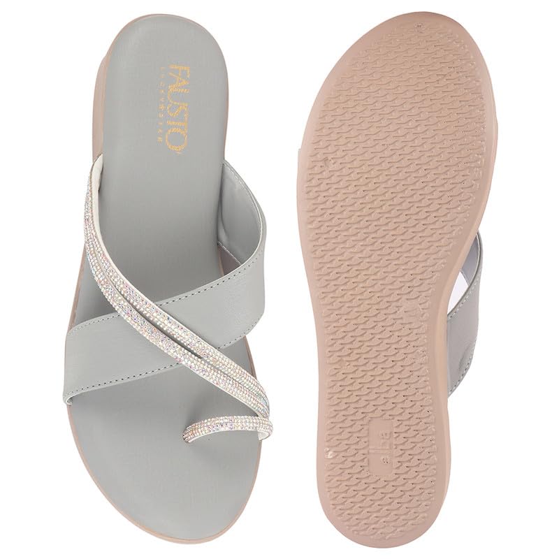 Image of FAUSTO Women Embellished Shimmery Cross Strap Toe Ring Wedding Slip On Slippers | Soft Cushioned Footbed Wedge Sandals | Party, Mehndi, Festive