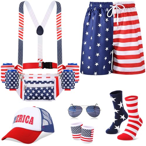 Mepase Mens American 4th of July Outfits Patriotic Fanny Pack Beer Belt American Flag Pants Set for 250th(M)