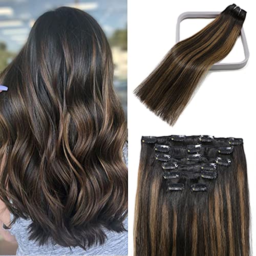 Clip in Hair Extensions Human Hair Balayage Natural Black to Chestnut Brown Highlights 15Inch 70g #1BT6P1B 7PCS