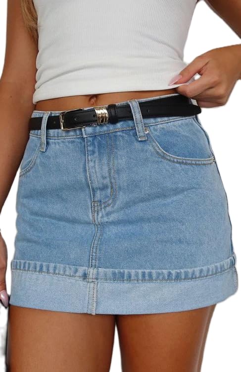 Women Low Waist Fold Cover Jean Mini Skirts Y2k Going Out Lounge Stretchy Bodycon Denim Skirt with Pockets
