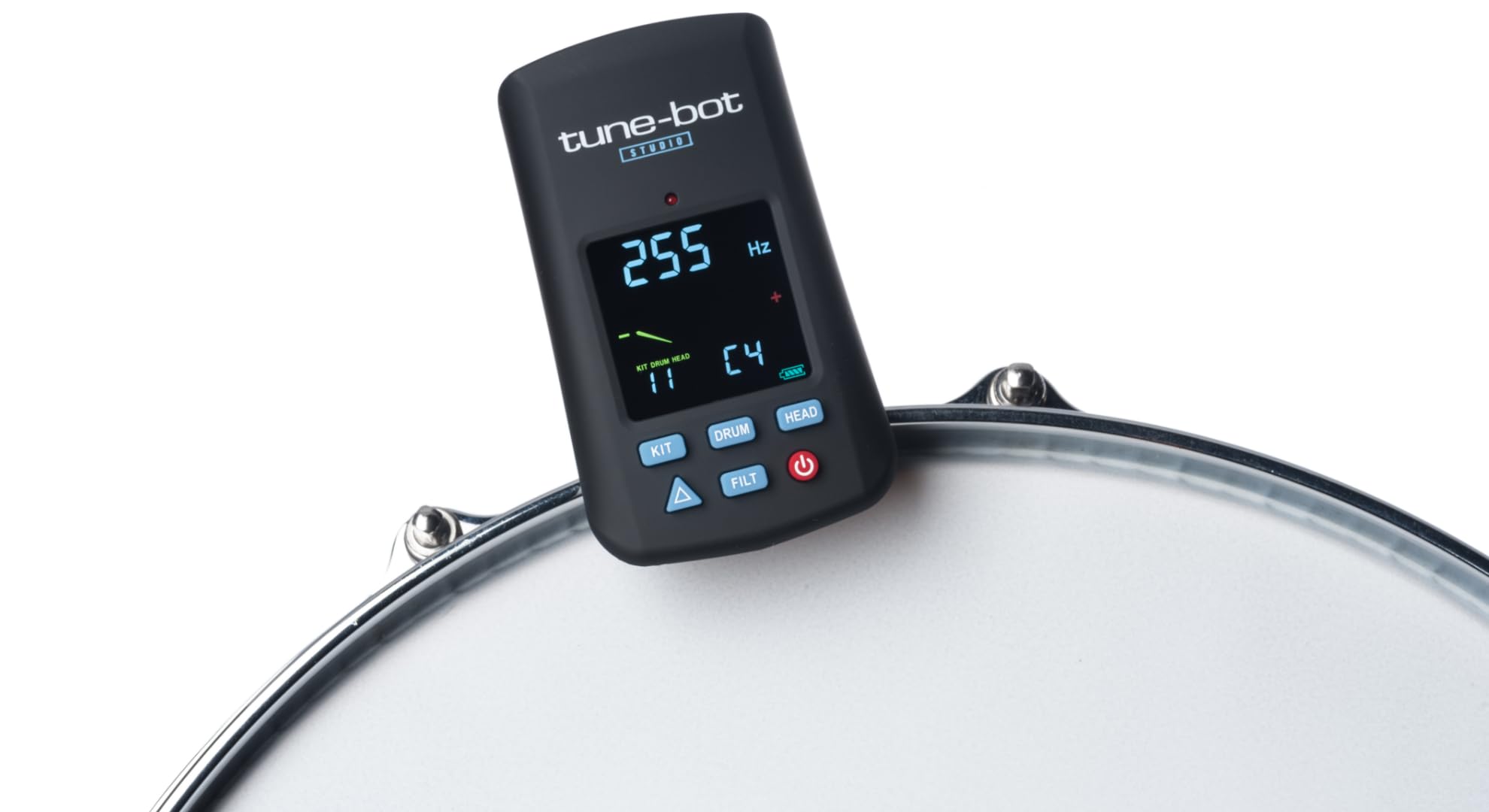 Overtone Labs Tune-Bot Studio TBS-001 Digitales Schlagzeug-Stimmgerät mit Clip, Frequenz- & Tonhöhenmessung, Speicherfunktion für 5 Drumkits, LCD-Farbdisplay, inkl. Etui