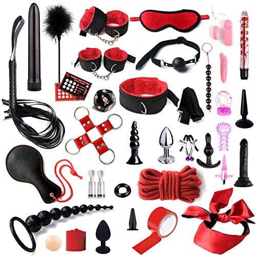 Layhou Bondage BDSM Handcuffs Adult Bedroom 35pcs Bondage Restraints Sets Webbing Straps Anal Plug Sexual Toys Set Handcuffs Ankle Cuffs Eye Mask Feather Stick Mouth Ball Nipple Clamps