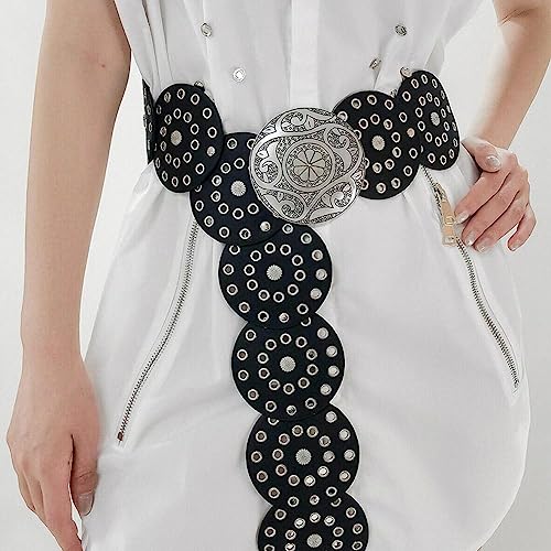 Wide Disc Belt for Women Hollow Leather Round Waist Belt With Metal Vintage Western Belt3