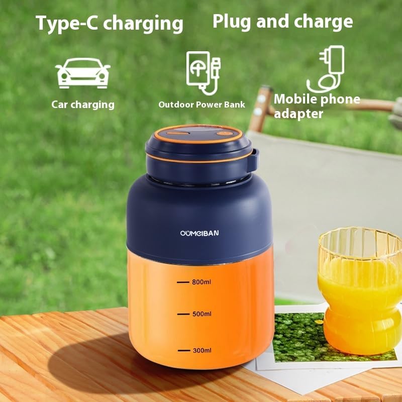 OUMEIBAN Portable Wireless Electric Juicer Cup, 800ml, Navy Blue and Orange