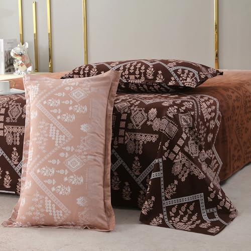 Image of Story@Home Luxe 400 TC Sateen Weave 100% Cotton Bedsheet King 270 cm x 270 cm Ombre Printed Soft Flat Sheet with 2 Pillow Covers 18 x 27 Inch Aztec Brown-Gift Packaging