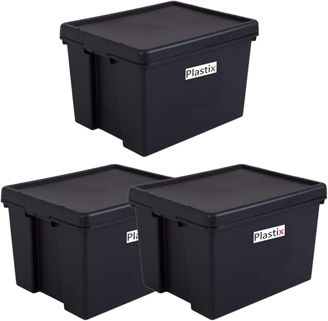 3 X Heavy Duty Strong Recycled Plastic Storage Box Boxes With Lids - 45L 45 Litre - Black