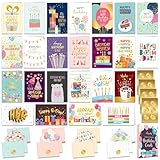 Decorably 24 Pack Gold Foiled 6x4in Happy Birthday Cards with Envelopes and Stickers, 24 Assorted Designs Blank Birthday Cards with Envelopes