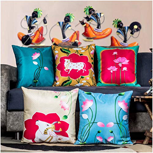 Image of Decorative Satin Sofa Cushion Covers Set of 5, 18 Inch x 18 inch, Sofa Pillow Cover, Ethnic Festive Cow Pichwai, Multicolor, Rajasthani Design, Zipper Closure (Lotus Cow, 18x18 Inches)