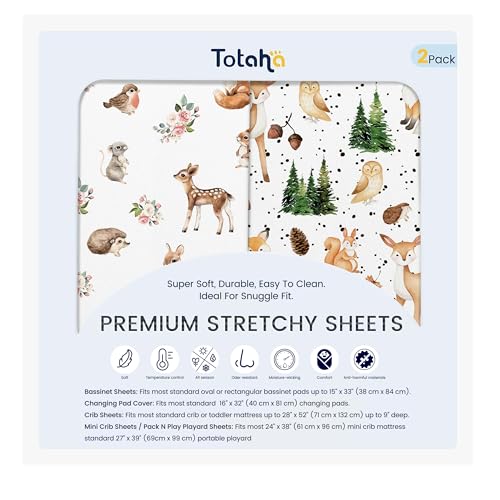Image of TotAha Premium Soft Graco Pack n Play Sheets Fitted, Super Stretchy Jersey Knit Mini Crib Sheets Fitted, Silky Comfort Pack and Play Mattress Sheets, 2 Pack (Forest Animals)