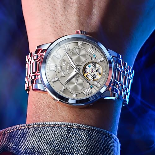 Image of OLEVS Automatic Watches for Men Self Winding Mechanical Skeleton Luxury Dress Stainless Steel Diamond Men Wrist Watches