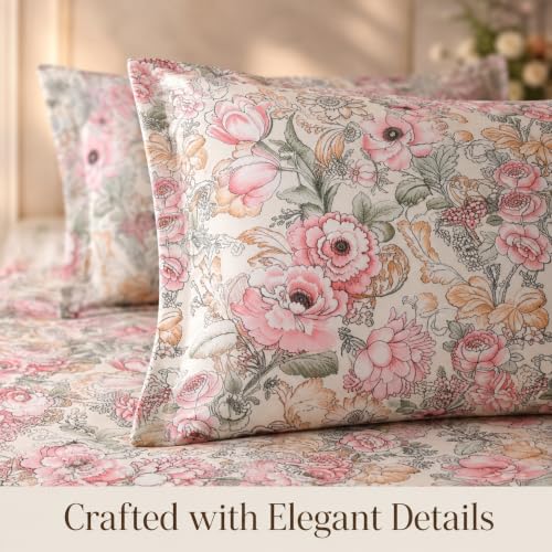 Image of BSB HOME 240 TC Cotton King Size Bedsheet, Premium Soft Breathable Floral Printed Double Bed Sheet, Bed Cover for Bedroom, Durable Bedding, 90 x 100 Inches (229 x 254 cm) - Warm Cream