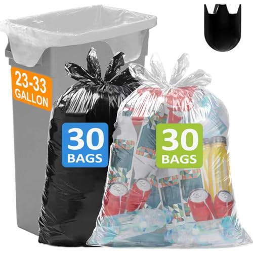 Image of 23-33 Gallon 1.2 Mil Heavy Duty Trash Bags 60 Count with 4 Innovative Flap Ties | Compatible with Rubbermaid Brute & Winco & Behrens 30-33 Gallon Round Trash Can Black 30 Count & Clear 30 Count