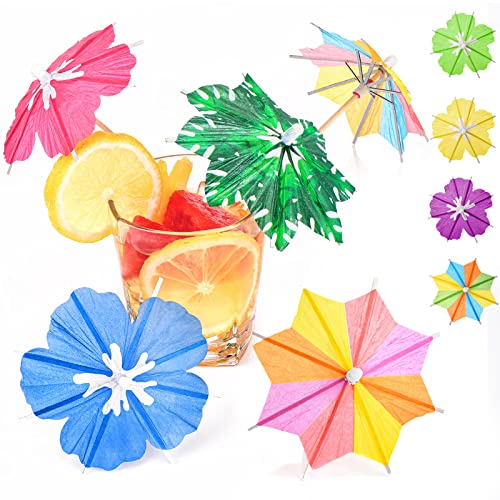150 Pieces Drink Umbrellas Cocktail Picks Cocktail Umbrellas Sticks Hibiscus Palm Trees Octagonal...