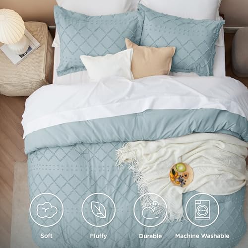 Image of Bedsure Full Comforter Set - Dusty Blue Comforter, Boho Tufted Distressed Vintage Bedding for Kids, 3 Pieces Farmhouse-Style Bed Set for All Seasons, Fluffy Soft Bedding with 2 Pillow Shams