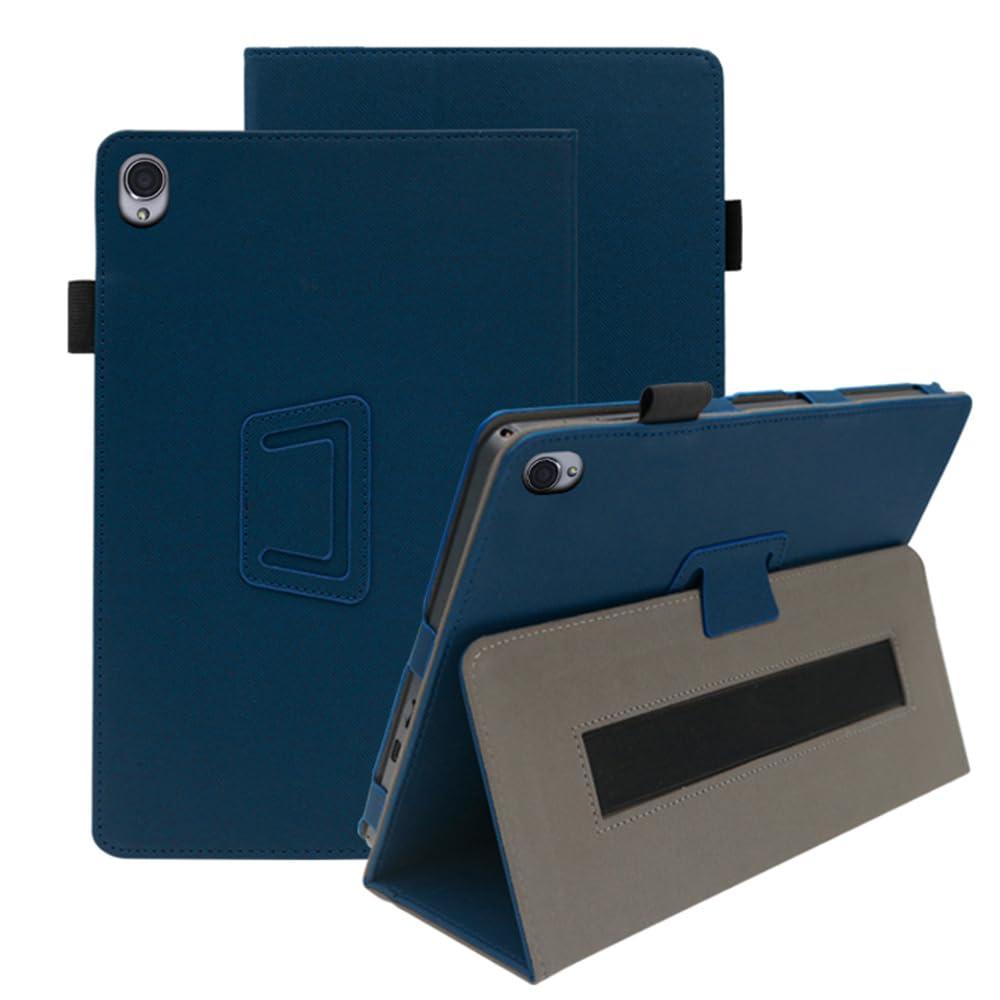 Tablet case with tablet inserted, shown in both stand mode and flat.