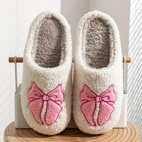 Fuzzy Cute Bow Slippers for Women Winter Warm Cozy House Slippers Plush Indoor Outdoor Shoes2