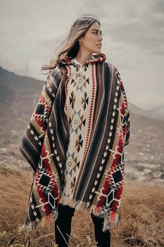 Image of Alpaca Mens Poncho with Hood - Cowboy Serape Western Poncho - Clint Eastwood Poncho for Men - Ecuadorian Cloak with Hood Men
