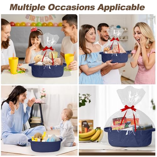 Image of Small Baskets for Gifts Empty, 13 inchx 9 inchx 5 inch Woven Gift Basket with Bag and Ribbon, Cotton Rope Kids Dog Cat Toy Bin Box, Cute Baby Nursery Organizer, Decorative Storage with Handles,Dark Blue
