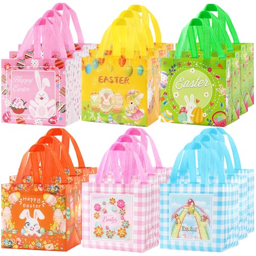 YANGTE 18Pack Easter Bags Non-Woven Easter Baskets Gift Bags with Handle for Kids Egg Hunt Game, Spring Party, Size 8.2 x 5.8 x 8.2in