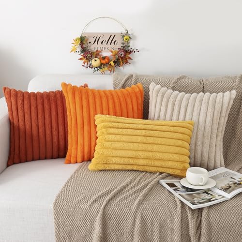 Pallene Faux Fur Plush Fall Throw Pillow Covers 20x20 Set of 2, Luxury Soft Fluffy Striped Decorative Pillow Covers for Sofa, Couch, Living Room, Rust