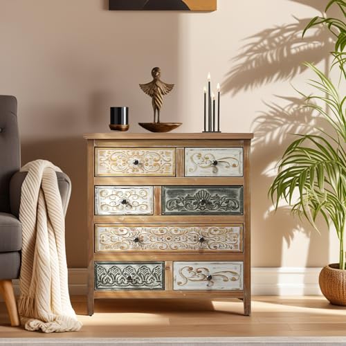 Image of Vintage Carved 7-Drawer Storage Cabinet, Solid Wood Accent Cabinet with Doors for Living Room, Kitchen, Dining Room, 33 Inch Tall, Natural Wood Brown