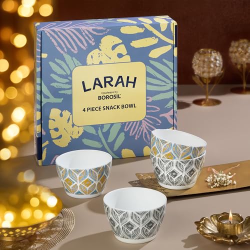 Image of Larah by BOROSIL Opalware Bowl | Microwave & Dishwasher Safe Dinner Bowls for Salad, Fruits, Dal, Maggi, Snacks, Cereal | Breakfast Bowls | Ideal Crockery for Gifting (Art & Craft, 4pc Set)