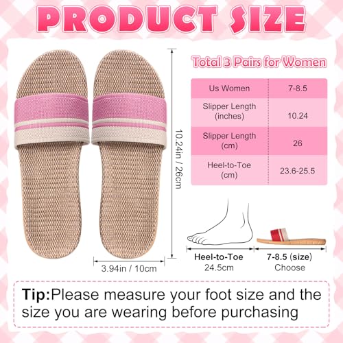 3 Pairs Linen House Slippers for Women Skidproof Open Toe Flax Tatami Slippers for Home Bedroom Hotel Travel Airplane Spa2